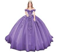 Fuomomo Abiti Quinceanera con Spalle Scoperte e Strascico Abiti da Ballo con Applicazioni in Pizzo Abiti Scintillanti in Tulle per la Festa dei 16 Anni