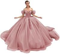 Fuomomo Abiti Quinceanera con Spalle Scoperte e Strascico con Applicazioni in Pizzo Abiti da Ballo in Tulle Scintillante Abiti da 16 Anni
