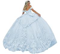 Fuomomo Abiti Quinceanera in Tulle Abito da Ballo Scintillanti Applicazioni di Pizzo Abiti Quinceanera con Spalle Scoperte Abito da Ballo Principessa Abito da Festa Lungo MT038