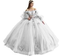 Fuomomo Abito Quinceanera con Fiori 3D Abiti Quinceanera con Maniche a Sbuffo Scollo a Cuore Abito da Ballo in Tulle Abiti Quinceanera MT046