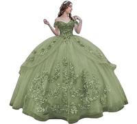 Fuomomo Sparkly Fluffy Tulle 3D Applique in Pizzo Abito da Ballo Abiti Stile Quinceanera 15 Anni con Spalle Scoperte Abito da Sera Principessa in Pizzo Abito da Sera