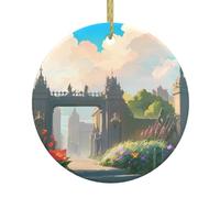 Fuori dal cancello del castello, ornamento rotondo in ceramica da appendere, decorazione natalizia personalizzata con cordino dorato