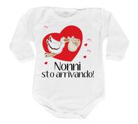 Fupies Body neonato nonni sto arrivando con cicogna e cuoricini grafica neutra, 1 Mese, Manica lunga