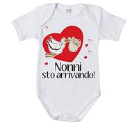 Fupies Body neonato nonni sto arrivando con cicogna e cuoricini grafica neutra, 9 Mesi, Manica corta