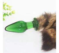 Fur Fox Tail Glass Anal Plug Sex Toy For Woman Furry Fetish Anal Plug Dog Tails Slave Cosplay Submission Cat Beads Sex Shop(L green)