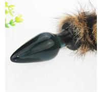 Fur Fox Tail Glass Anal Plug Sex Toy For Woman Furry Fetish Anal Plug Dog Tails Slave Cosplay Submission Cat Beads Sex Shop(L black)
