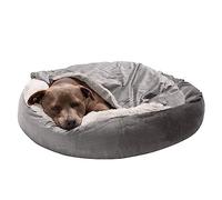 FurHaven 27" Round Medium Donut Dog Bed Plush Velvet Waves Hooded Calming Cuddler, Washable - Dark Gray, Medium