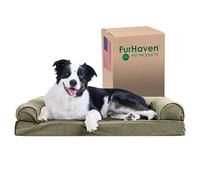 FurHaven - Cuccia per Cani in Gel rinfrescante, per Cani di Taglia Grande/Media Fino a 25 kg, Cuscini Rimovibili e Copertura Lavabile, Divano in Pelliccia Sintetica e Velluto, L, Verde Salvia Scuro