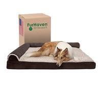 Furhaven Cuccia rinfrescante per cani di taglia grande, con cuscini rimovibili e copertura lavabile, per cani fino a 56,7 kg, in pelliccia sintetica bicolore e chaise longue a forma di L, in pelle