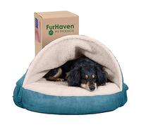 Furhaven Cuccia rotonda per cani in gel rinfrescante da 66 cm, per cani di taglia media/piccola, con copertura rimovibile e lavabile, per cani fino a 13,6 kg, in sherpa e pelle scamosciata, blu, 66 cm