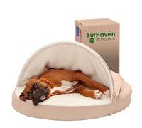 FurHaven Cuccia rotonda per cani in memory foam, 89 cm, in sherpa e pelle scamosciata, con rivestimento rimovibile e lavabile, color crema, 89 cm