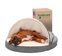 FurHaven Cuccia rotonda per cani in memory foam da 89 cm, in sherpa e pelle scamosciata, con rivestimento rimovibile e lavabile, grigio, 89 cm