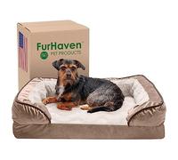 Furhaven Medium Memory Foam Dog Bed Perfect Comfort Plush & Velvet Waves Sofa-Style w/Removable Washable Cover - Brownstone, Medium