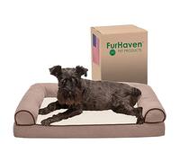Furhaven Medium Memory Foam Dog Bed Sherpa & Chenille Sofa-Style w/Removable Washable Cover - Cream, Medium