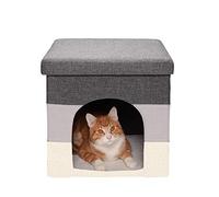 Furhaven Small Pet House Collapsible Ottoman-Footstool Condo Pet Bed - Hygge Stripe (Gray/Cream), Small