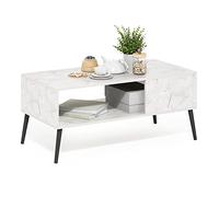 Furinno Claude Tavolino in Stile Mid Century con Gambe in Legno, Engineered Wood, Marmo Bianco, 50.01 (D) x 100.00 (W) x 45.01 (H) cm