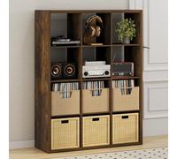 Furinno CUBICLE Mobile per Giradischi con Raccoglitore per Vinili, 12-Cube 1.2 Extra Spesso Raccoglitore per Dischi in Vinile, Scaffale Multimediale Aperto sul Retro per CD DVD Dischi, Pino Ambra