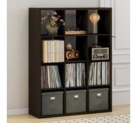 Furinno CUBICLE Mobile per Giradischi con Raccoglitore per Vinili, 12-Cube 1.2 Extra Spesso Raccoglitore per Dischi in Vinile, Scaffale Multimediale per CD DVD Dischi, Rovere Scuro Nero