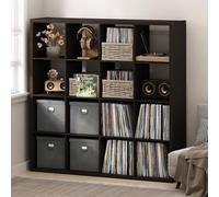 Furinno CUBICLE Mobile per Giradischi con Raccoglitore per Vinili, 16-Cube 1.2 Extra Spesso Raccoglitore per Dischi in Vinile, Scaffale Multimediale per CD DVD Dischi, Rovere Scuro Nero