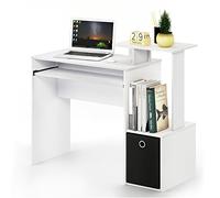 Furinno ECON - Scrivania da gioco con vassoio per tastiera, scrivania per computer, scrivania da ufficio con ripiani laterali e cestino portaoggetti, per casa e ufficio, tinta unita, bianco