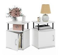 Furinno JAYA Side Table Set of 2, 2-Tier Open Shelf End Table with Door Cabinet, Soft-edges Night Stand, Bedside Table, for Living Room, Bedroom, White