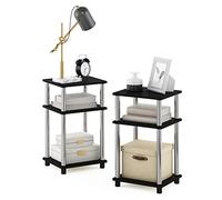 Furinno JUST set di 2 Tavolino Laterali a 3 ripiani, Comodini con ripiani aperti, Montaggio senza attrezzi, per soggiorno e camera da letto, Americano/Acciaio inox