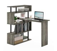 Furinno MOORE scrivania per computer a L, scrivania da gaming con scaffali laterali a forma di S a 5 livelli, scrivania da ufficio, per ufficio in casa, studio, gaming, rovere grigio