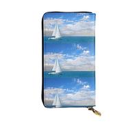 FURLOU Portafoglio in pelle con barca bianca sul mare blu per uomo donna borsa lunga con cerniera intorno porta carte di credito, blu, bianco, taglia unica, blu, bianco., Taglia unica, Classico