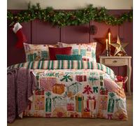 Furn. Set copripiumino Wrapped Up - Biancheria da letto natalizia reversibile con regali e motivo a righe (Smeraldo/Rosso - Super King)