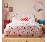 furn. Heya Home Cherry Gingham Set Copripiumino - Reversible Morbido Durevole Polycotton Biancheria Da Letto Frutta (Rosa - 137x200cm)