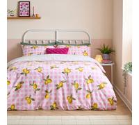 furn. Heya Home Gingham Lemons Set Copripiumino - Reversible Morbido Durevole Polycotton Biancheria Da Letto Frutta (Rosa - Singolo)