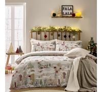 Furn. Joy To All - Set copripiumino reversibile natalizio con design di città e monumenti (neve/bacca - matrimoniale)