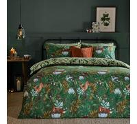furn. Set copripiumino Into The Woods - Set di biancheria da letto reversibile in misto cotone con motivo animali del bosco (Verde Foresta - King)