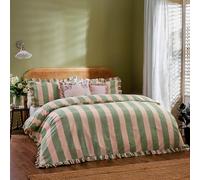 furn. Wylder Birdie Stripe Set Copripiumino - Reversible Con Volant Cotone Ricco A Righe Biancheria Da Letto (Rosa/Verde - 230x220cm)