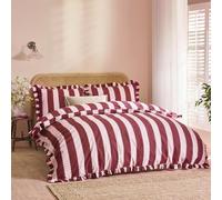 furn. Wylder Birdie Stripe Set Copripiumino - Reversible Con Volant Cotone Ricco A Righe Biancheria Da Letto (Borgogna/Fioritura - 260x220cm)