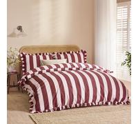 furn. Wylder Birdie Stripe Set Copripiumino - Reversible Con Volant Cotone Ricco A Righe Biancheria Da Letto (Borgogna/Fioritura - 230x220cm)