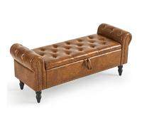 Furniliving Panca ottomana in pelle con gambe in legno massello, panca ottomana imbottita con stoccaggio interno per soggiorno con braccio arrotolato, ingresso, giallo