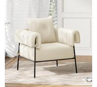 Furniliving Sedia moderna con cuscino, sedia da salotto, sedia da lettura, imbottita, per camera da letto, con struttura in metallo, poltrona, cuscino morbido, velluto a coste, beige