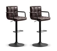 Furniliving Set di 2 sgabelli da bar con schienale, sedie quadrate moderne in pelle ecologica in poliuretano con braccioli, regolabili, per cucina, sala da pranzo, pub, caffè (marrone nero)