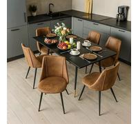 FURNISH 1 Set da cucina 7 pezzi (tavolo e sedie): 1 tavolo da pranzo allungabile in MDF nero + 6 sedie da sala da pranzo imbottite senza braccioli in camoscio marrone, con gambe regolabili
