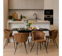 FURNISH 1 Set da pranzo allungabile 7 pezzi con 6 poltrone in camoscio e tavolo allungabile in stile industriale, piano in MDF e struttura in metallo, mobili decorativi, nero e marrone
