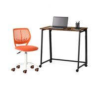 FURNISH 1 Set da scrivania per computer pieghevole e sedia ergonomica, per ufficio, salvaspazio, con ruote o gambe regolabili, sedia girevole regolabile senza braccioli, marrone e arancione