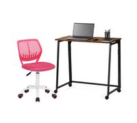 FURNISH 1 Set da scrivania per computer pieghevole e sedia ergonomica, per ufficio, salvaspazio, con ruote o gambe regolabili, sedia girevole regolabile senza braccioli, marrone e rosa