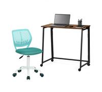 FURNISH 1 Set da scrivania per computer pieghevole e sedia ergonomica, per ufficio, salvaspazio, con ruote o gambe regolabili, sedia girevole regolabile senza braccioli, marrone e turchese