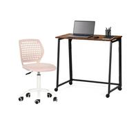 FURNISH 1 Set da scrivania per computer pieghevole e sedia ergonomica, per ufficio, salvaspazio, con ruote o gambe regolabili, sedia girevole regolabile senza braccioli, marrone e rosa chiaro