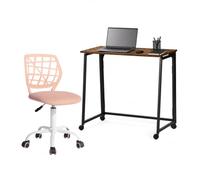 FURNISH 1 Set da scrivania per computer pieghevole e sedia ergonomica, per ufficio, salvaspazio, con ruote o gambe regolabili, sedia girevole regolabile senza braccioli, marrone e rosa chiaro