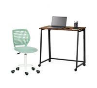 FURNISH 1 Set da scrivania per computer pieghevole e sedia ergonomica, per ufficio, salvaspazio, con ruote o gambe regolabili, sedia girevole regolabile senza braccioli, marrone e verde chiaro