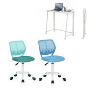 FURNISH 1 Set di 2 scrivanie pieghevoli con 2 sedie da ufficio, bianco e blu e turchese, 80 x 40 x 74 cm, sedia ergonomica girevole regolabile 45,5 x 39 x 85 cm, ufficio, telelavoro, studente e camera