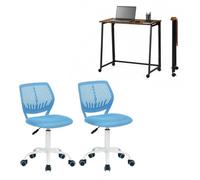 FURNISH 1 Set di 2 scrivanie pieghevoli con 2 sedie da ufficio, marrone e blu, 80 x 40 x 74 cm, sedia ergonomica girevole regolabile 45,5 x 39 x 85 cm, ufficio, telelavoro, studente e camera da letto
