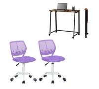 FURNISH 1 Set di 2 scrivanie pieghevoli con 2 sedie da ufficio, marrone e viola, 80 x 40 x 74 cm, sedia ergonomica girevole regolabile 45,5 x 39 x 85 cm, ufficio, telelavoro, studente e camera da